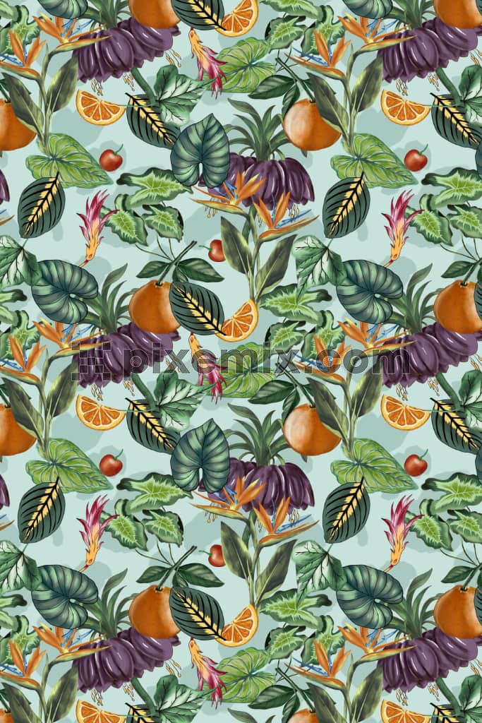 Tropical leaves and fruits product graphic with seamless repeat pattern