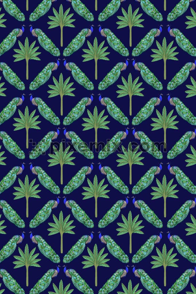 Pichwai art inspired tropical peacock product graphic with seamless repeat pattern