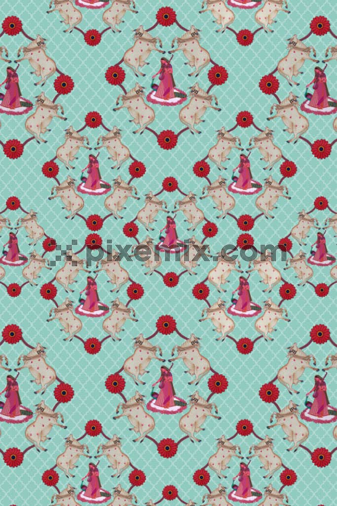 Pichwai art inspired florals and cow product graphic with seamless repeat pattern