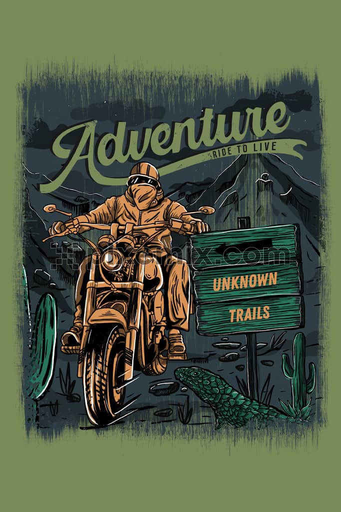Doodle art inspired biker riding to monument valley product graphic