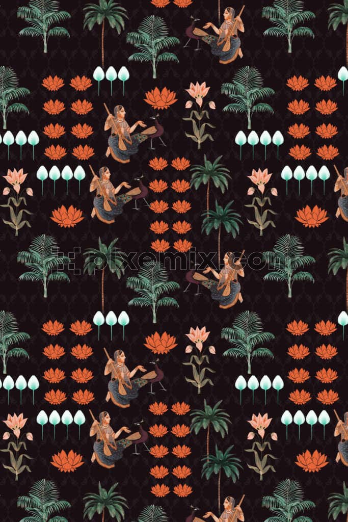 Pichwai garden product graphic with seamless repeat pattern