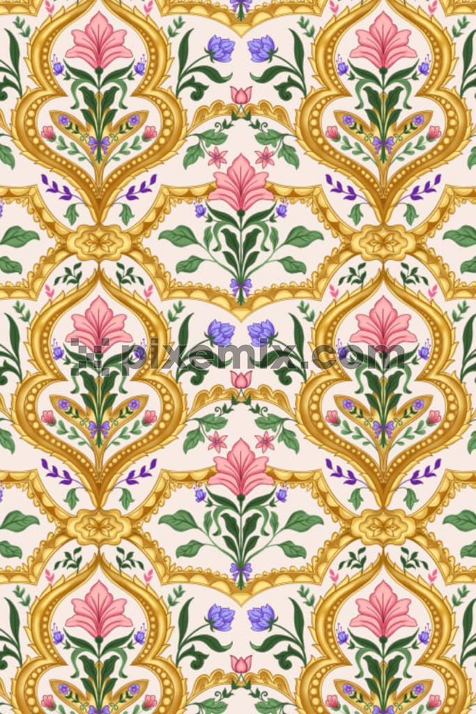 Florals and baroque art product graphic with seamless repeat pattern