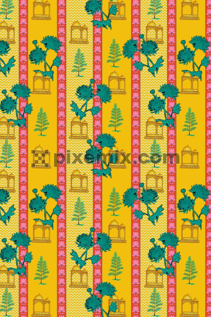 Florals stripe and mughal architecture product graphic with seamless repeat pattern