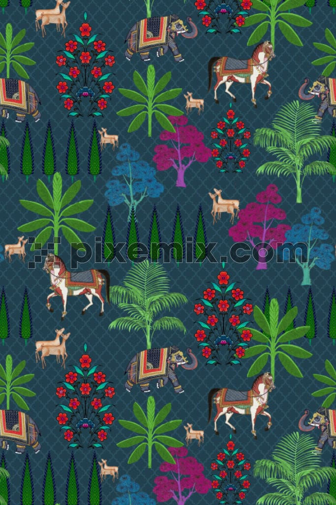 Pichwai garden and jali product graphic with seamless repeat pattern
