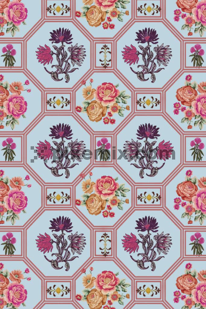 Abstract jali and florals product graphic with seamless repeat pattern