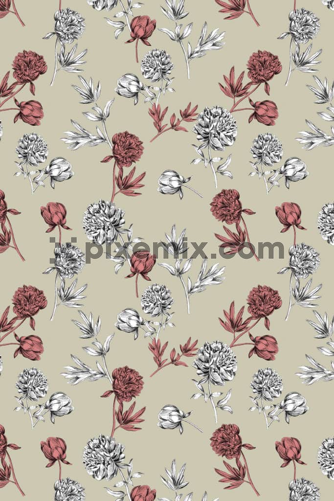 Monochrome florals and leaves product graphic with seamless repeat pattern