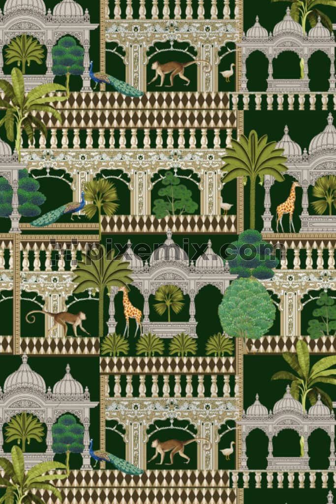 Mughal garden and animals product graphic with seamless repeat pattern