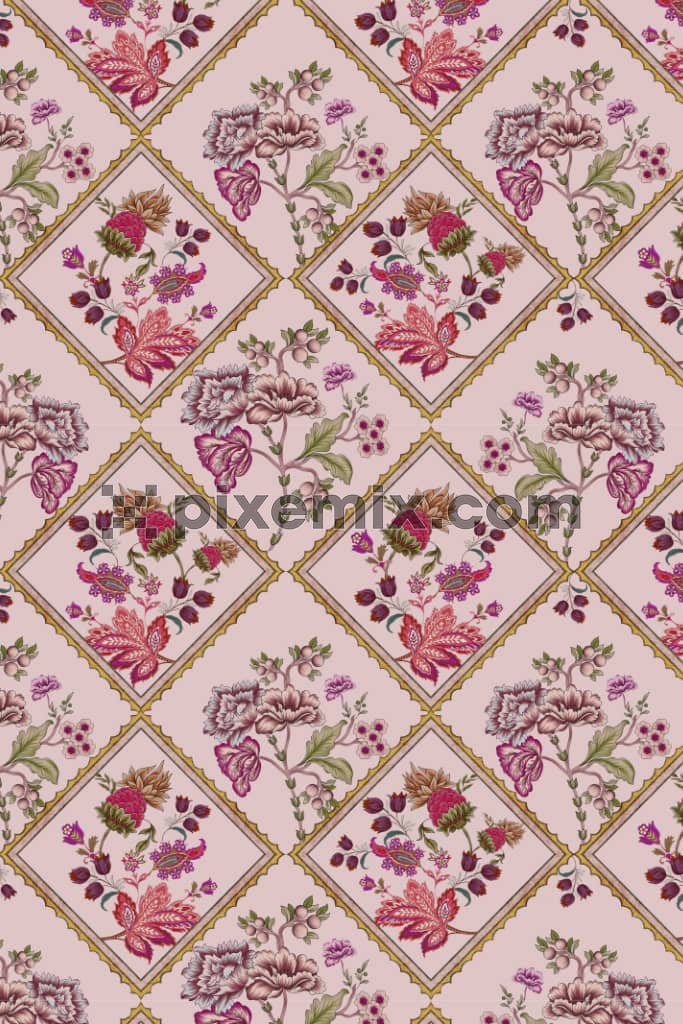 Jali with kalamkari florals product graphic with seamless repeat pattern