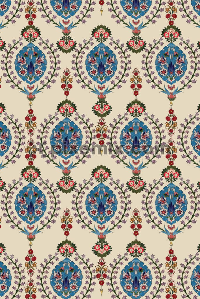 Kalamkari florals product graphic with seamless repeat pattern