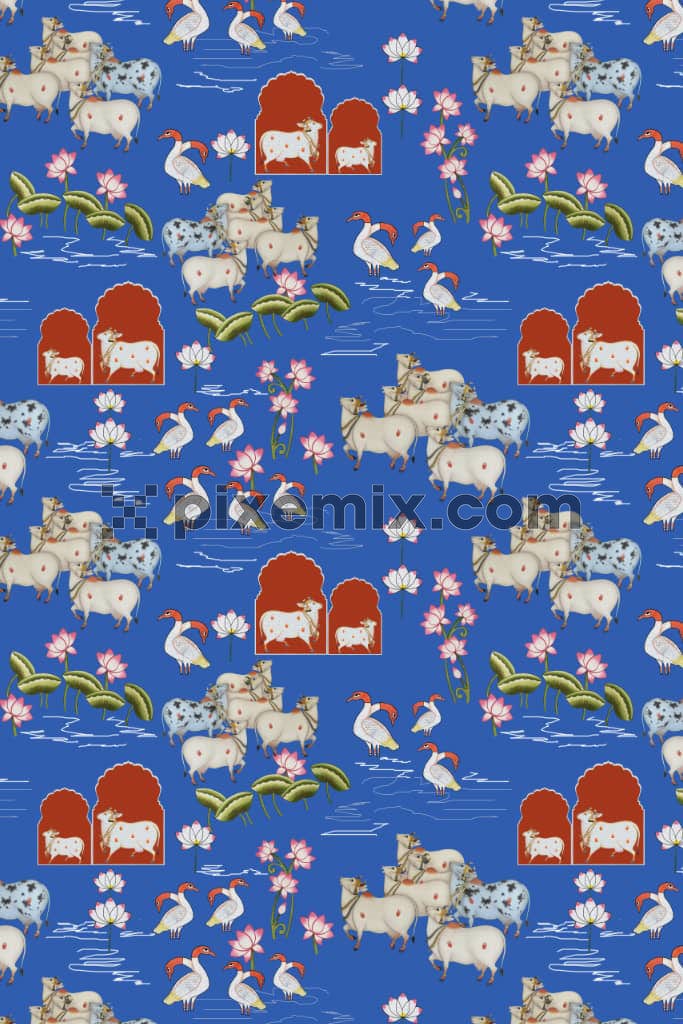 Pichwai art inspired florals and animals product graphic with seamless repeat pattern