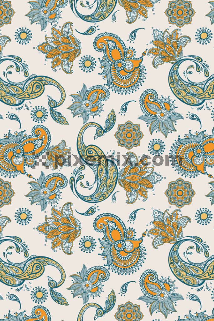 Kalamkari florals And paisley art product graphic with seamless repeat pattern