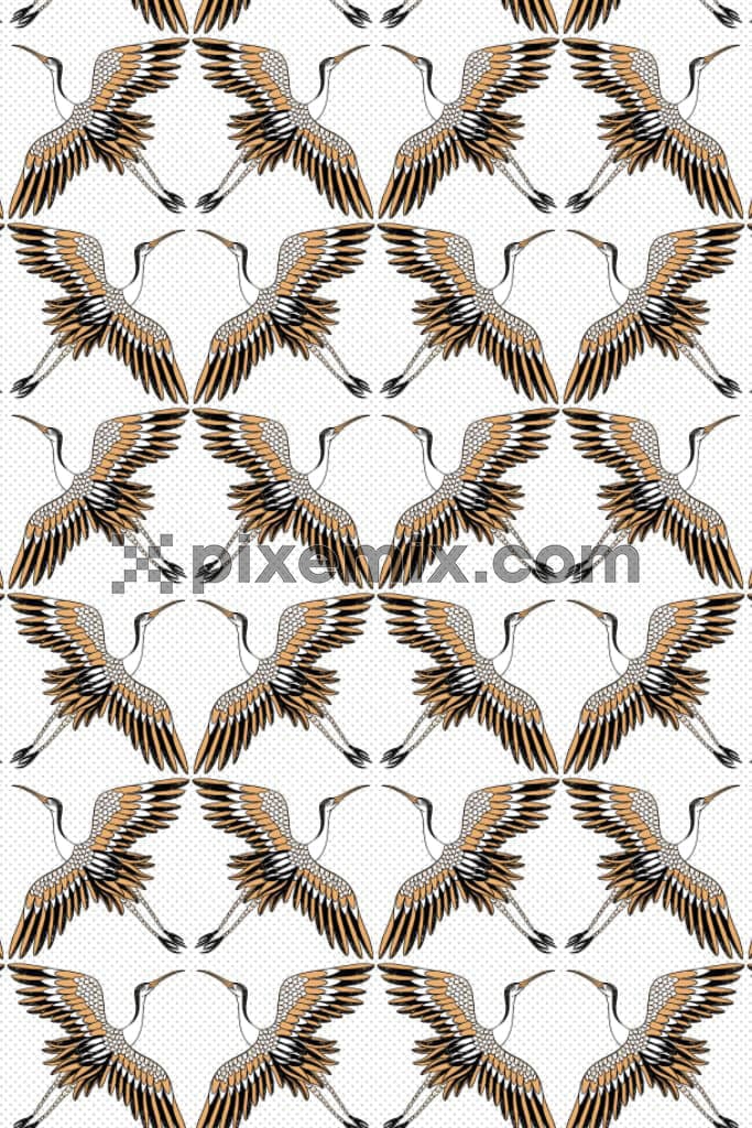 An Asian crane and dot product graphic with seamless repeat pattern