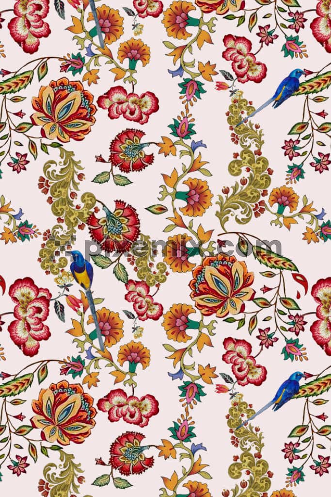 Kalamkari florals and birds product graphic with seamless repeat pattern