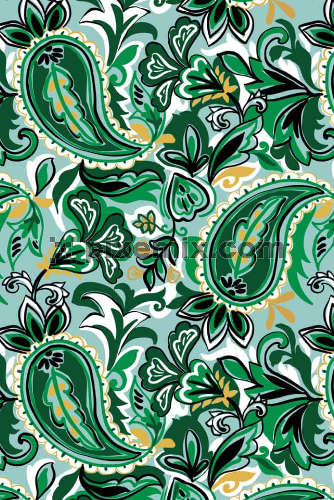 Hand dwran paisley product graphic with seamless repeat pattern