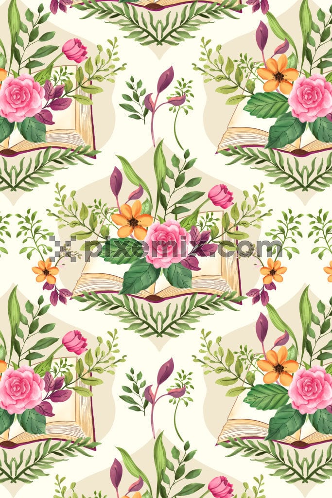 Watercolor florals and diary product graphic with seamless repeat pattern