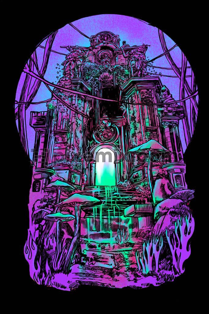 Surreal art inspired temple with mushroom product graphic