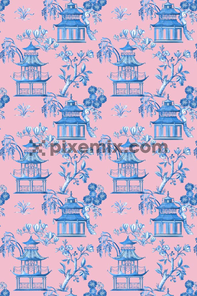 Oriental architecture and florals product graphic with seamless repeat pattern
