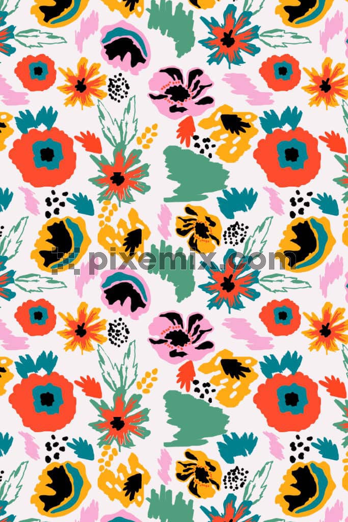 Vector florals and abstract shape product graphic with seamless repeat pattern