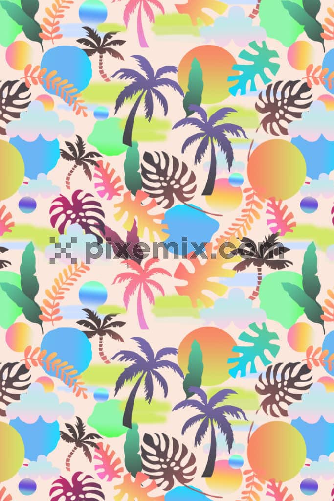 Abstract shape and tropical palm product graphic with seamless repeat pattern
