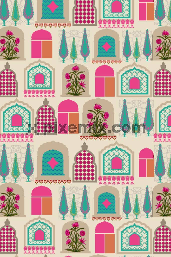 Mughal architecture and florals product graphic with seamless repeat pattern