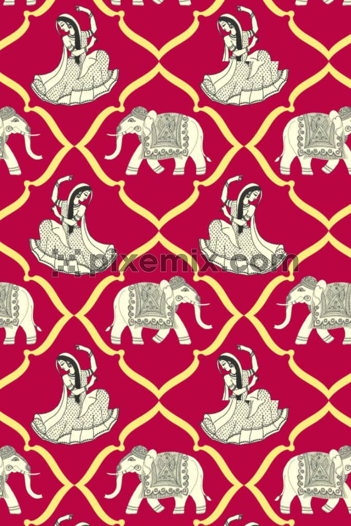 Mughal art inspired womens and elephants product graphic with seamless repeat pattern