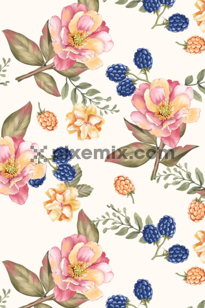 Watercolour Florals and cherry product graphic with seamless repeat pattern