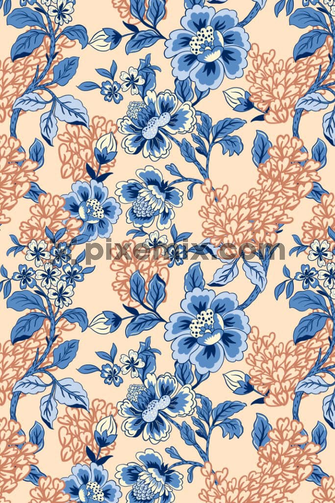 Vector florals and leaves product graphic with seamless repeat pattern