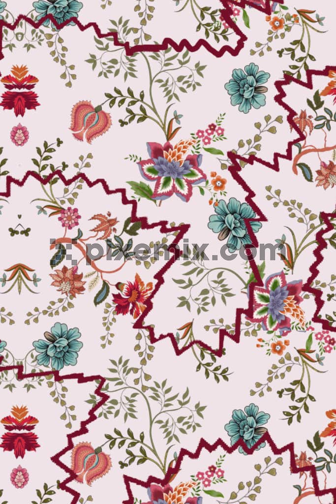 Kalamkari florals with abstract line product graphic with seamless repeat pattern