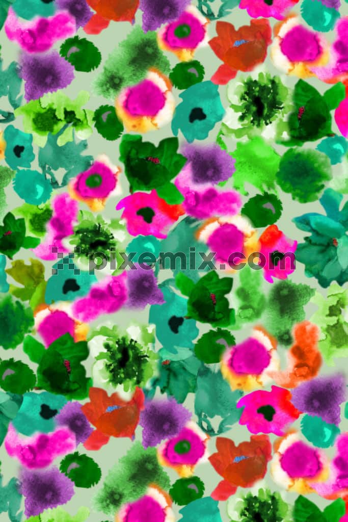 Hand-drawn floral brush strokes product graphic with seamless repeat pattern