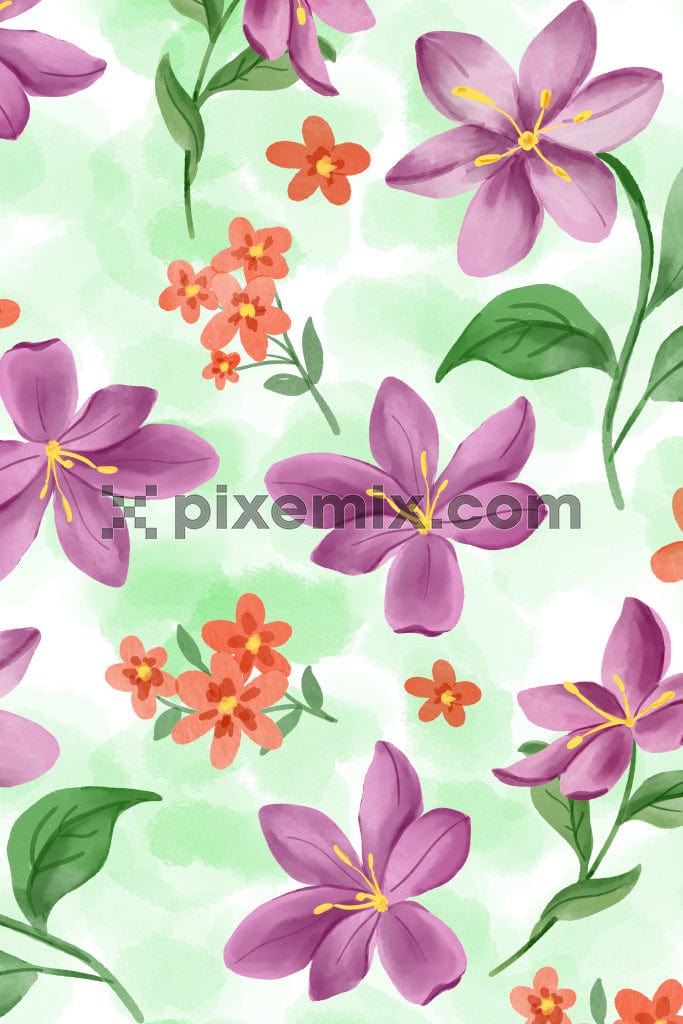Hand-drawn florals and leaves product graphic with seamless repeat pattern