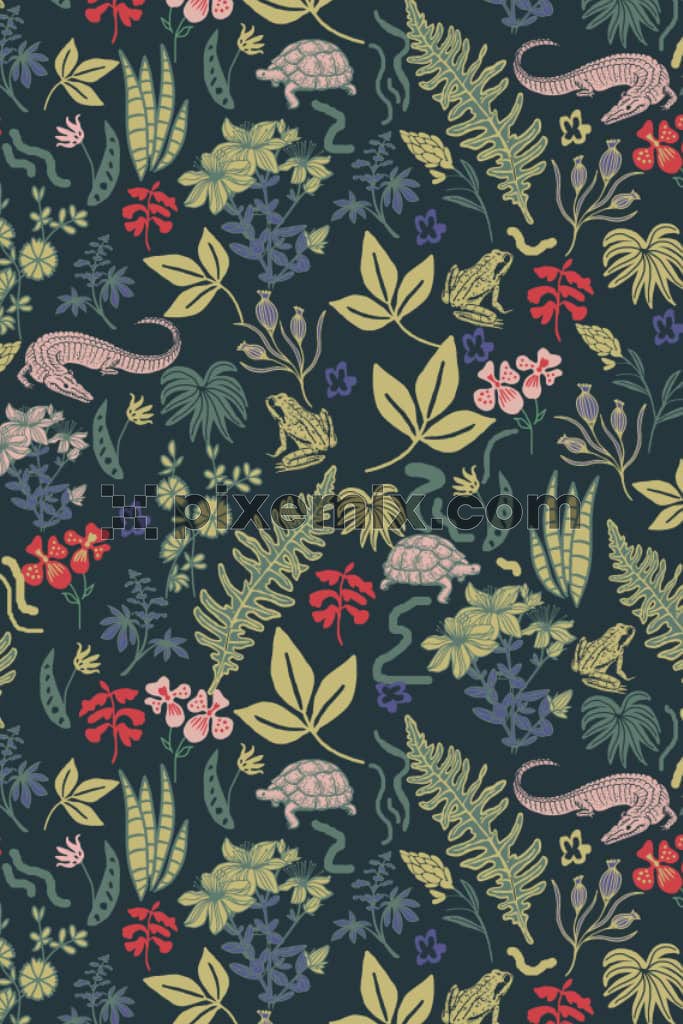 Tropical forest with the wild animal product graphic with seamless repeat pattern