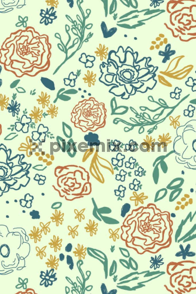 Hand-drawn florals and laves product graphic with seamless repeat pattern