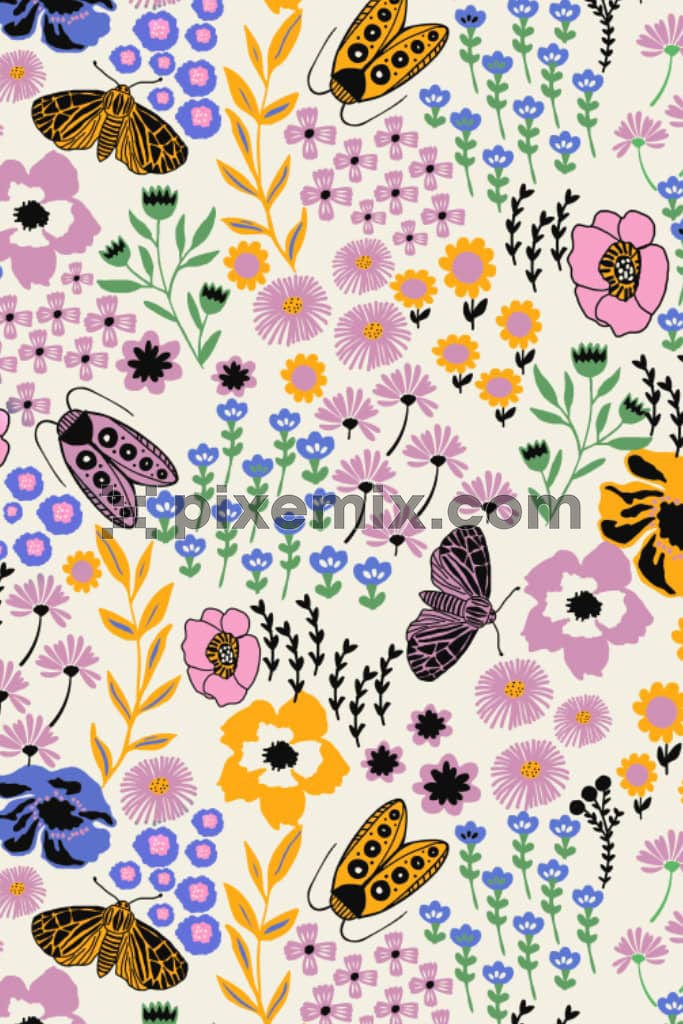 Vector florals and insects product graphic with seamless repeat pattern