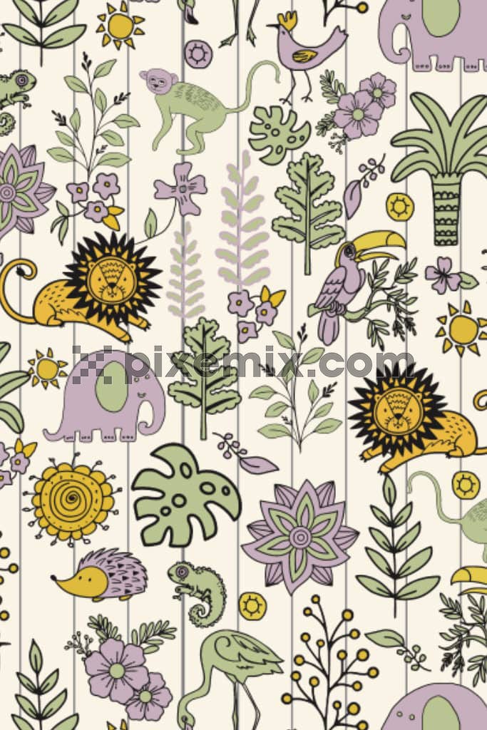 Doodle-inspired cartoon animals and florals product graphic with seamless repeat pattern