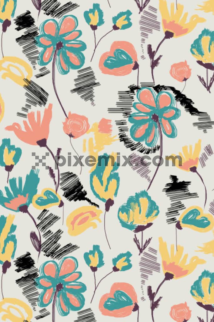 Watercolor art-inspired hand-drawn florals come together in a delightful product graphic with a seamless repeat pattern