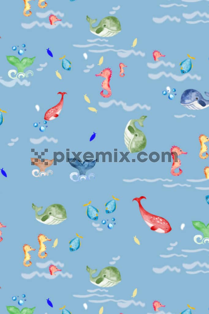 The beauty of the sea with a nautical art-inspired watercolor fish product graphic with a seamless repeat pattern