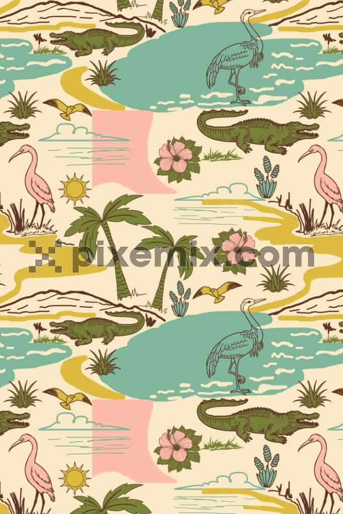 Doodle art inspired florals and wild animals product graphic with seamless repeat pattern