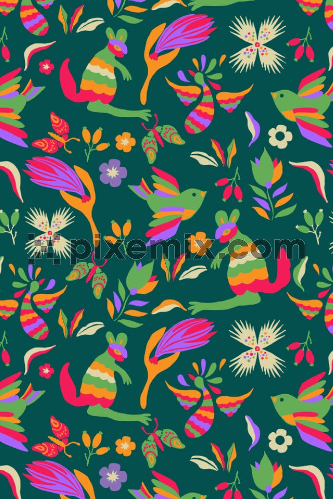 Pop art inspired tropical animals product graphic with seamless repeat pattern