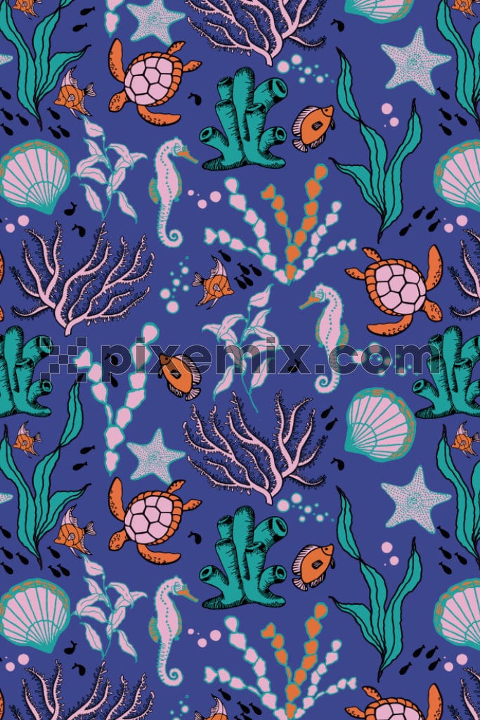 Nautical art inspired underwater animals product graphic wiuth seamless repeat pattern