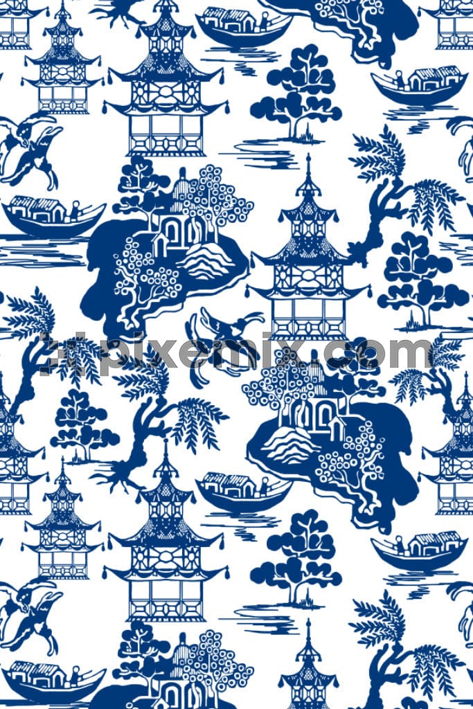Oriental art inspired tree and birds product graphic with seamless repeat pattern