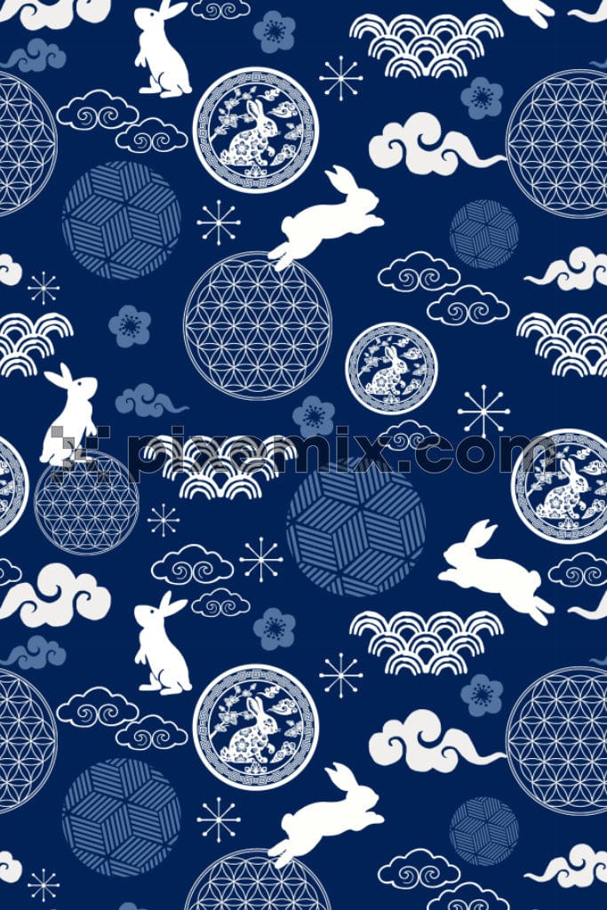Doodle art inspired rabbit and abstract shape product graphic with seamless repeat pattern