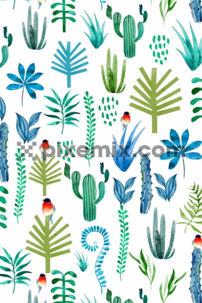 Watercolor plants and florals product graphic with seamless repeat pattern