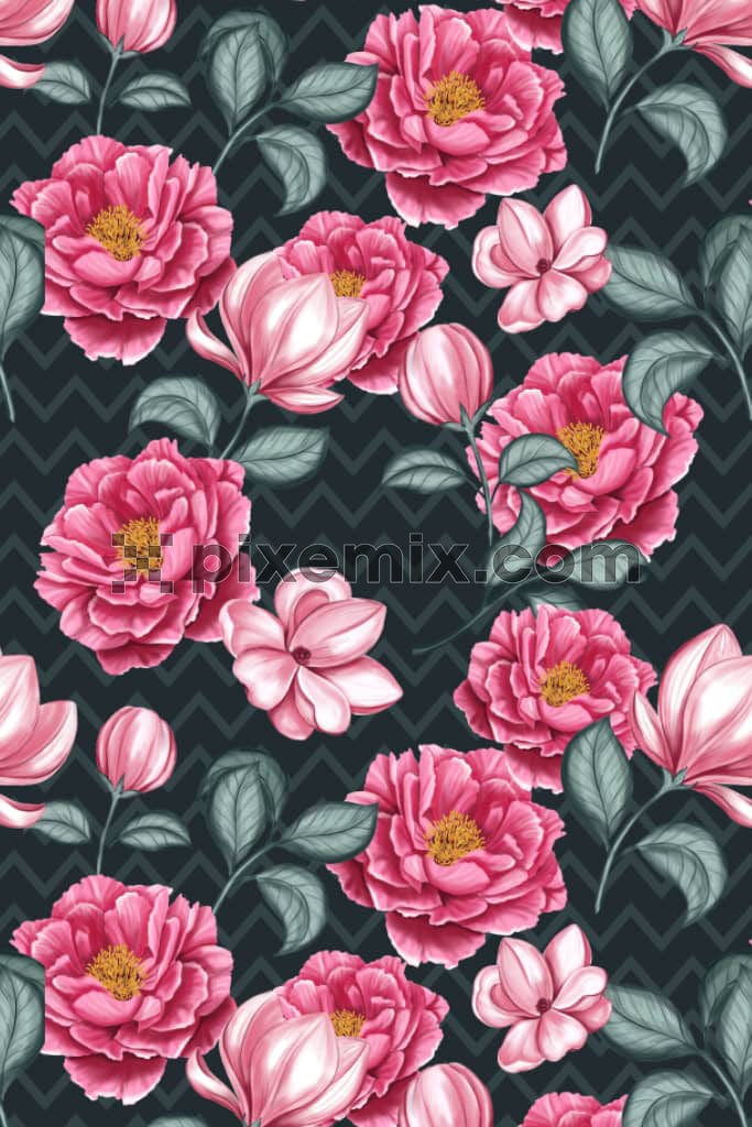 Digital florals and abstract stripe product graphic with seamless repeat pattern