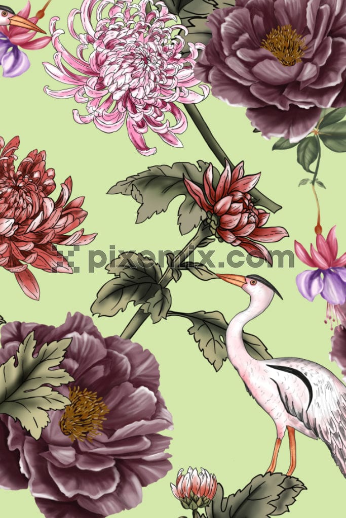 Digital floral and crane birds product graphic with seamless repeat pattern