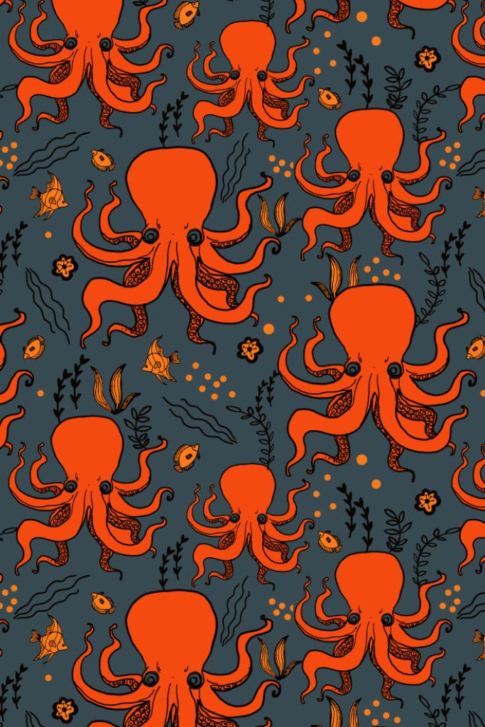 Doodle art inspired cartoon octupus and leaves product graphic with seamless repeat pattern