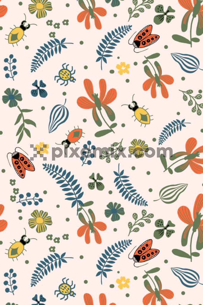 Vector florals and insects product graphic with seamless repeat pattern