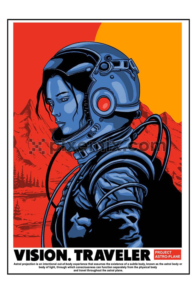 Illustration of girl astronaut on adventure products graphic