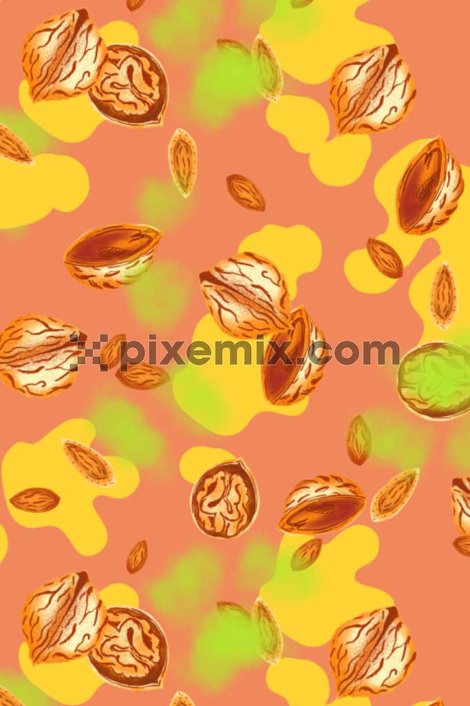 Watercolor nuts and abstract shape product graphic with seamless repeat pattern