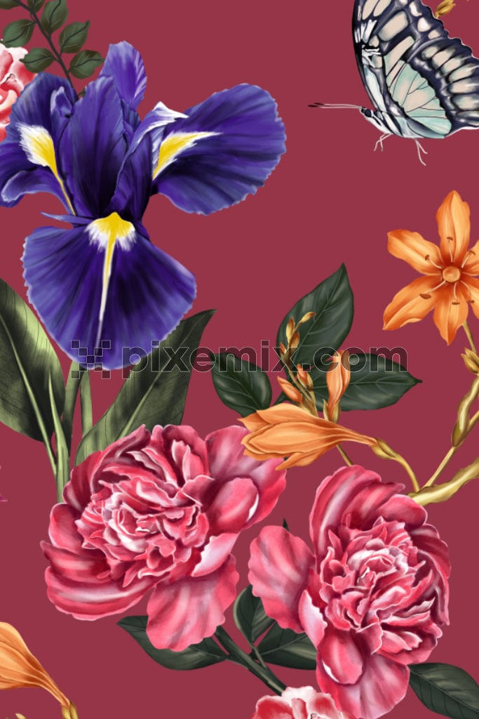Digital illustration of flowers and insects product graphic with seamless repeat pattern