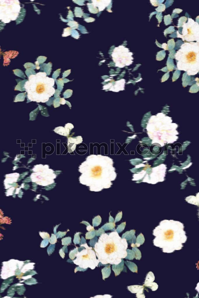 Digital ikkat florals and leaves product graphic with seamless repeat pattern